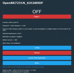 OpenBK7231N control panel with status information and configuration options.