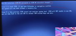 Ekran BIOS z komunikatem „New CPU installed, fTPM NV corrupted…” i opcjami Y/N