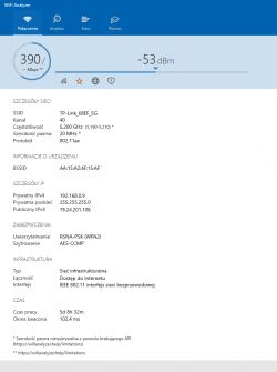 Aplikacja WiFi Analyzer pokazująca szczegóły połączenia sieciowego.