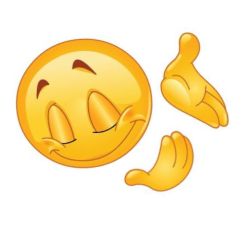 Yellow smiling emoji with closed eyes; two hands beside it in a shrugging “so what?” gesture