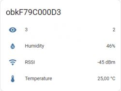 A screenshot from Home Assistant showing MQTT device data with icons for humidity, RSSI, and temperature.