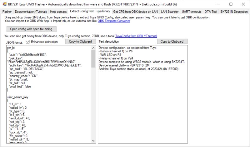 Screenshot of BK7231 Easy UART Flasher showing JSON configuration and a text description panel