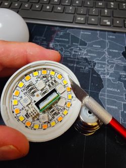 Inside a Gleco Smart Bulb Gleco smart bulb with visible LED diodes and circuit board.