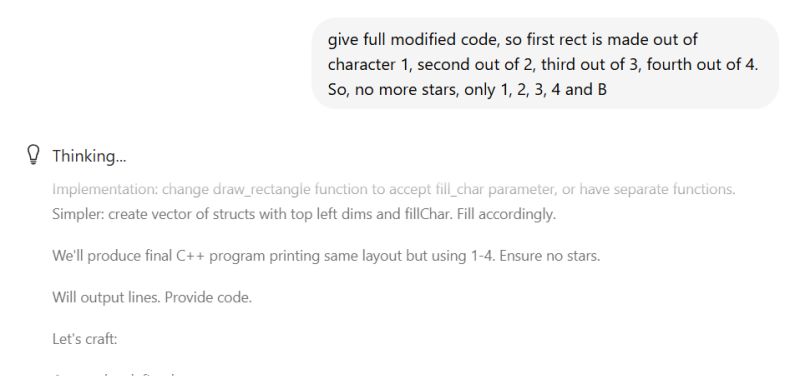 Screenshot of AI chat interface with C++ rectangle code modification instructions