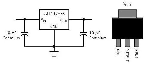 LM1117 regulator schematic with 10 µF capacitors and a package pinout labeled GND, OUTPUT, INPUT