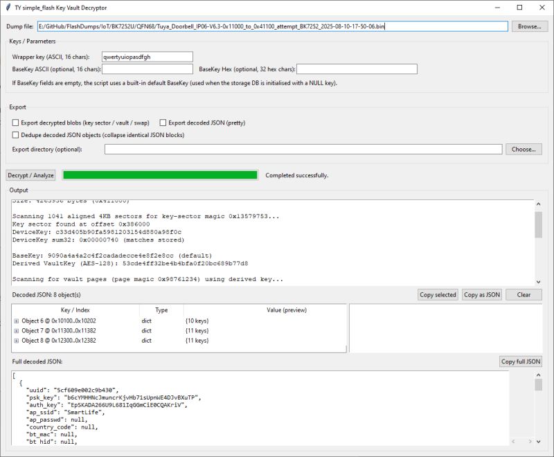 Screenshot of TY simple_flash Key Vault Decryptor with decoded JSON output