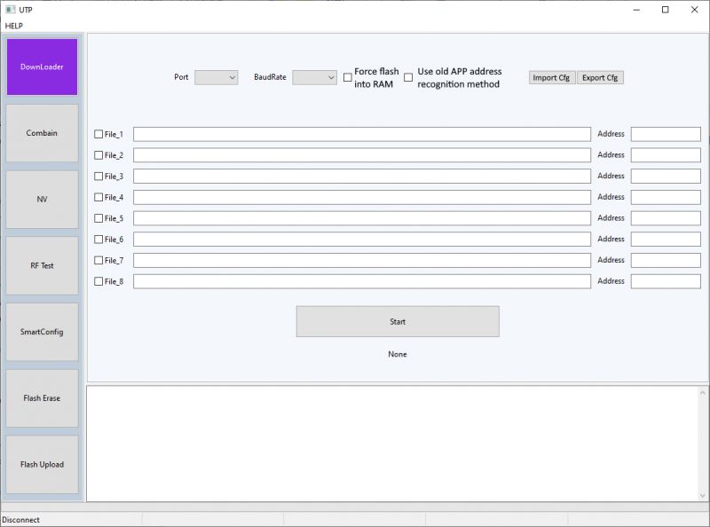 UTP User Interface Window UTP software interface for flashing TR6260 chips