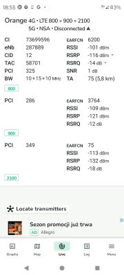 Zrzut ekranu z aplikacji pokazujący parametry sieci LTE Orange 4G na pasmach 800, 900 i 2100 MHz