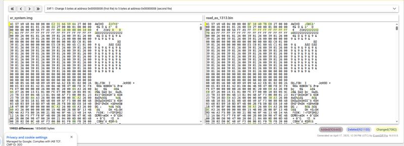 Comparison of two binary files in a hex editor, with differences highlighted.