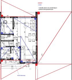 Plan parteru szeregówki z zaznaczonymi kamerami (czerwone) i czujkami (niebieskie).