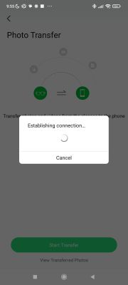 Ekran aplikacji INMO pokazujący transfer zdjęć między okularami a smartfonem z komunikatem „Establishing connection…”