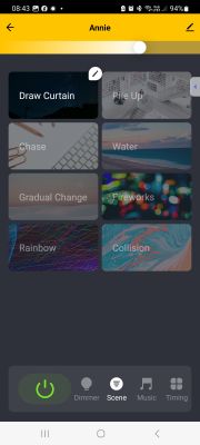 Tuya app interface with lighting scene selection.