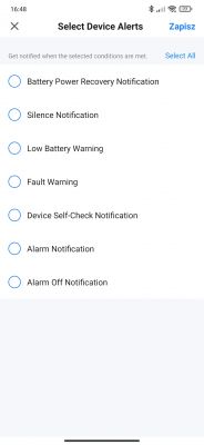Screenshot of the Smart life app with smoke detector notification options.