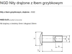 Rysunek techniczny nitu drążonego z łbem grzybkowym i opis parametrów.