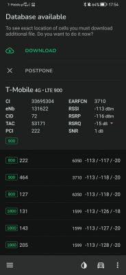 Zrzut ekranu z aplikacji pokazującej parametry sieci T-Mobile 4G LTE 900 z danymi o sygnale i komórkach.
