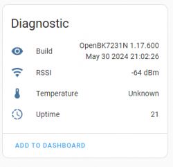 Screenshot of OpenBK7231N diagnostic panel, version 1.17.600, showing signal, temperature, and uptime information.