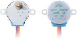 Step motor 28BYJ-48 shown from front and back, with colored wires attached