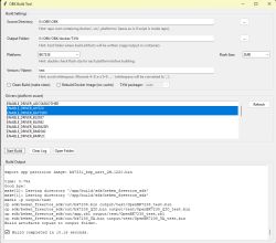 Screenshot of OKB Build Tool with build settings and log showing “Build completed in 10.16 seconds”.