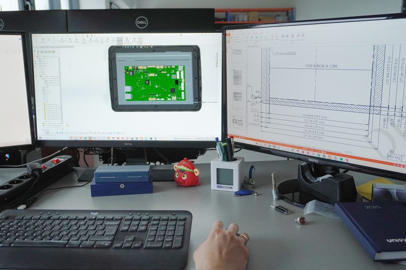 Three monitors with CAD projects and a person working at a desk