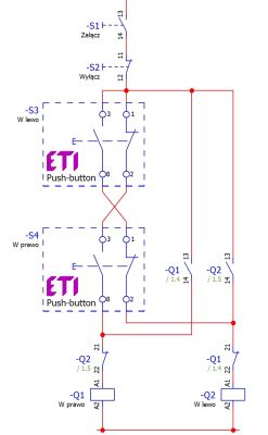 Schemat elektryczny sterowania ruchem silnika prawo-lewo z przyciskami i stycznikami.