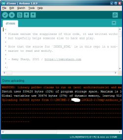 Screenshot of ArduinoIDE 1.8.9 showing uploaded sketch and upload completion message.
