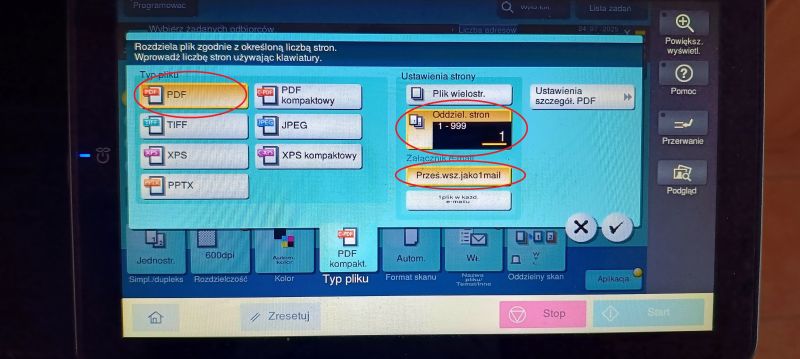 Scanner settings screen with PDF selected, page separation set to 1, and email option enabled.