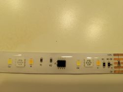 Close-up of an LED strip with CW and W diodes and electronic components on a white background.