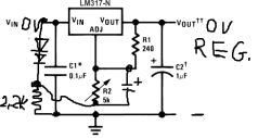 Ręcznie narysowany schemat stabilizatora LM317 z R1 240 Ω, R2 5 kΩ i kondensatorami 0,1 µF oraz 1 µF.