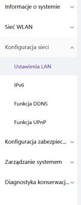 Menu ustawień routera z rozwiniętą sekcją Konfiguracja sieci