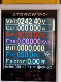Close-up of the Atorch DIN Rail Energy monitor display with measurement data.