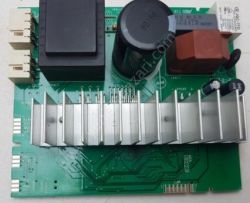 Circuit board with various electronic components including capacitors and heat sinks.