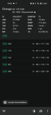 Zrzut ekranu z aplikacji monitorującej parametry sieci LTE Orange, pokazujący szczegóły połączenia i parametry sygnału.