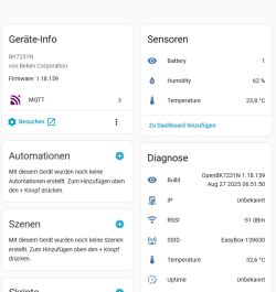 User interface screen of OpenBK7231N showing device info, sensor data, and system diagnostics.