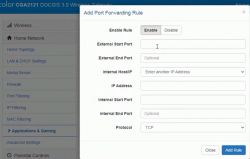 Port Forwarding Settings in Technicolor CGA2121 Port forwarding settings window in Technicolor CGA2121.