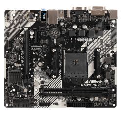 Płyta główna ASRock B450M-HDV R4.0 z widocznymi slotami i elementami elektronicznymi.