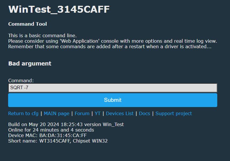 Command Tool Interface with Bad Argument Command Tool interface displaying Bad argument error message.