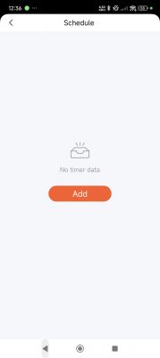 Tuya app screen with No timer data message and Add button.