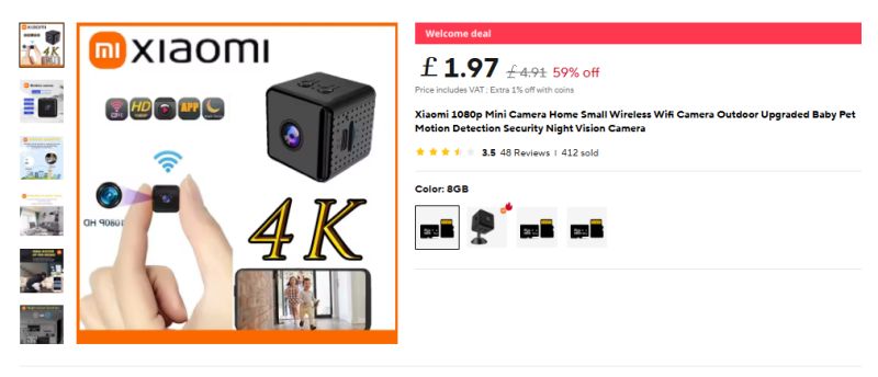 Xiaomi X6 4K Mini Spy Camera AliExpress Offer Image of a Xiaomi X6 mini camera offer on AliExpress, with large 4K text and a small black cube camera next to a smartphone, on a white background.