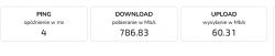 Wyniki testu prędkości internetu z opóźnieniem 4 ms, pobieraniem 786.83 Mb/s i wysyłaniem 60.31 Mb/s.