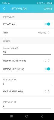 IPTV/VLAN configuration screen in the TP-Link app on a smartphone, showing different VLAN IDs for internet, VoIP, and IPTV.