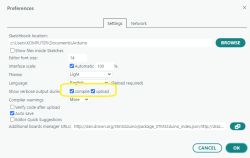 Okno preferencji Arduino IDE z zaznaczoną opcją wyświetlania szczegółowych informacji podczas kompilacji i wgrywania.