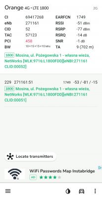 Zrzut ekranu aplikacji pokazującej parametry sieci LTE Orange na ulicy Pożegowskiej.