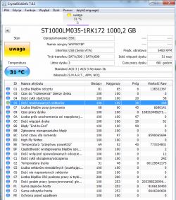Zrzut ekranu programu CrystalDiskInfo pokazujący stan dysku Seagate 1 TB USB ST1000LM035-1RK172 z ostrzeżeniem.