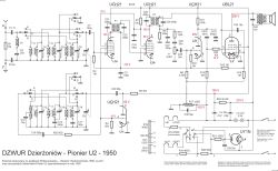 Schemat odbiornika Pionier U2 z zaznaczonymi napięciami i lampami elektronowymi