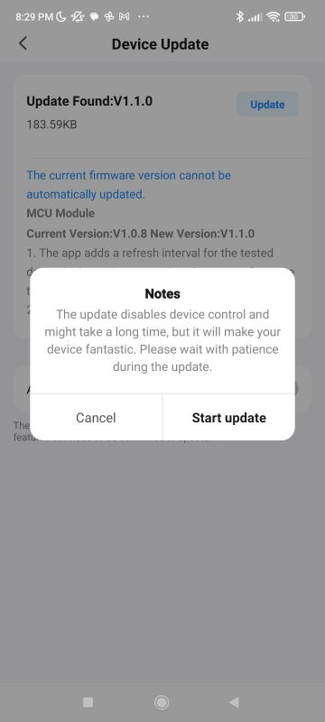 Device Update with Warning Device update screen with warning message.