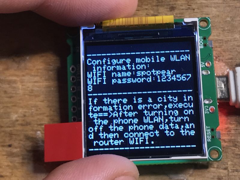 ESP32 C3 Module with LCD Display and WLAN Setup Module displaying WLAN setup instructions on a small screen.