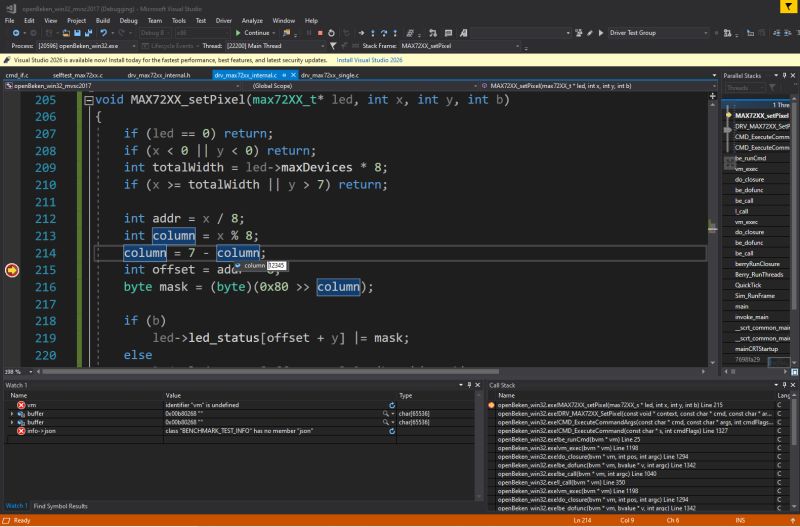 Debugging MAX72XX_setPixel function in Visual Studio with highlighted code line