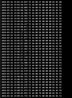 Terminal log screenshot with timestamps and repeated hex byte frames starting with “55 AA”.