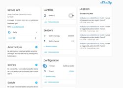 Shelly Plus 1PM control panel with device info and switch activity log