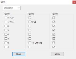 A program window for reading and writing status registers (SREG) of Winbond memory, with all SREG3 checkboxes selected.